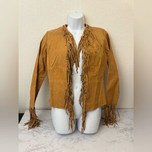Outer Edge Leather Jacket Women's M Tan Suede Open Front Fringe Cowgirl Vtg​